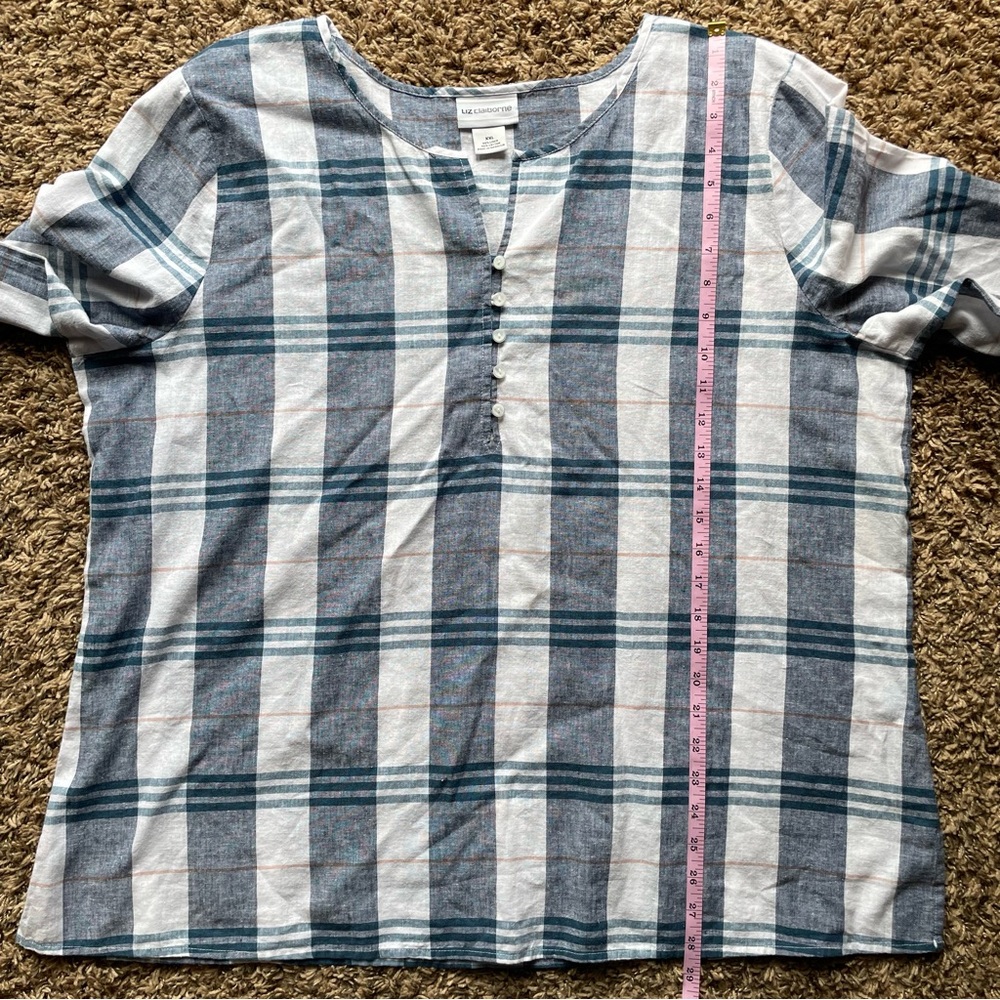 Liz Claiborne Womens XXL 2XL Linen Blend Blue Plaid Tunic 3/4 Tie Sleeve Blouse - Picture 10 of 10